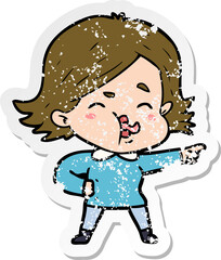 distressed sticker of a cartoon girl pulling face