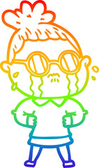 rainbow gradient line drawing cartoon crying woman wearing spectacles