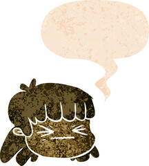 cartoon female face and speech bubble in retro textured style
