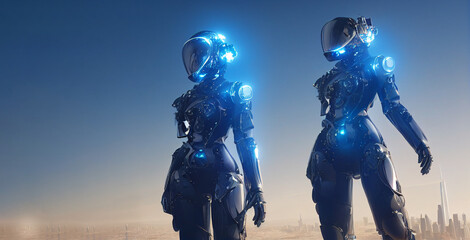 Sci-fi robotic girls. Gynoid working in futuristic environment. Female robot in virtual space generative ai