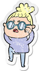 distressed sticker of a cartoon annoyed woman