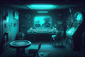 Fototapeta na wymiar Games room with a cyber gamer computer. digital art
