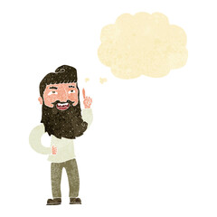 cartoon happy bearded man with idea with thought bubble