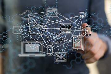 abstract lines with dots over dark background.  - connection