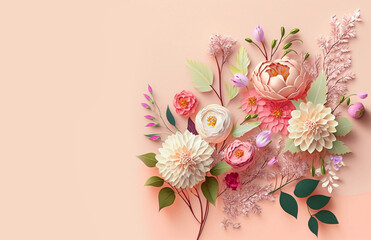 Flowers backdrop. Delicate romantic pastel pink background with beautiful flowers.  Ai generative