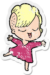 distressed sticker of a happy cartoon girl dancing