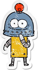 distressed sticker of a happy carton robot with light bulb