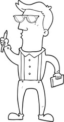 black and white cartoon man with notebook