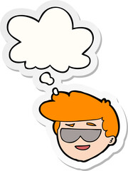 cartoon boy wearing sunglasses and thought bubble as a printed sticker