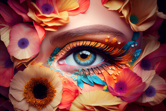 Colorful eye makeup, delicate makeup, long and thick eyelashes made of petals