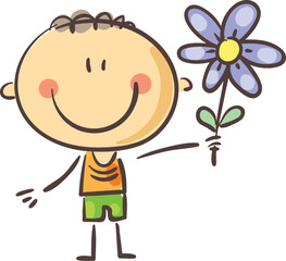 Happy doodle boy with flower. Cartoon kid clipart.