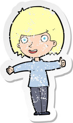 retro distressed sticker of a cartoon happy woman