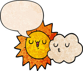 cartoon sun and cloud and speech bubble in retro texture style