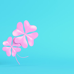 Pink two clover four leaves on bright blue background in pastel colors. Minimalism concept