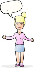 cartoon woman shrugging shoulders with speech bubble