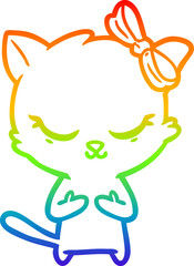 rainbow gradient line drawing cute cartoon cat with bow