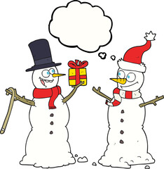 thought bubble cartoon snowmen exchanging gifts