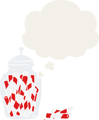 cartoon jar of candy and thought bubble in retro style