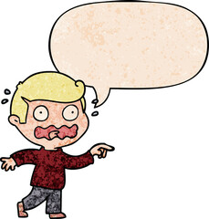 cartoon stressed out pointing and speech bubble in retro texture style