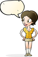 cartoon happy woman in short skirt with speech bubble