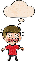 cartoon man totally stressed out and thought bubble in grunge texture pattern style