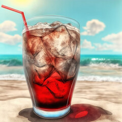 A glass of cooling cola with ice on the background of a deserted sandy beach of the ocean or sea. Generative AI.