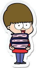 sticker of a happy cartoon boy holding books