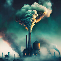 An industrial plant emits dirty smoke into the atmosphere. Generative AI.