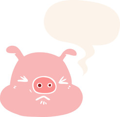 cartoon angry pig face and speech bubble in retro style