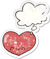 cartoon love heart character and thought bubble as a distressed worn sticker
