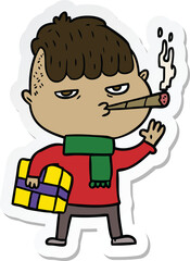 sticker of a cartoon man smoking carrying christmas gift