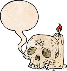 cartoon spooky skull and candle and speech bubble in retro texture style