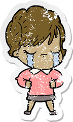 distressed sticker of a cartoon woman crying