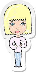 retro distressed sticker of a cartoon woman indicating self