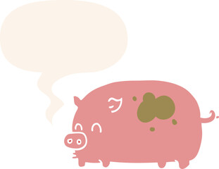 cute cartoon pig and speech bubble in retro style