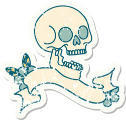 grunge sticker with banner of a skull