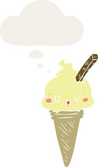 cute cartoon ice cream and thought bubble in retro style