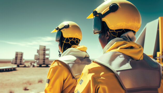 workers on the construction site wearing helmets and yellow vests. generative AI