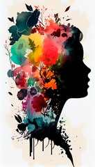 Mental health, happiness, harmony creative abstract concept. Head silhouette with flowers inside. Mindfulness, positive thinking, self care idea. 