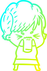 cold gradient line drawing cartoon frustrated woman