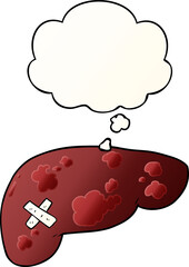 cartoon unhealthy liver and thought bubble in smooth gradient style