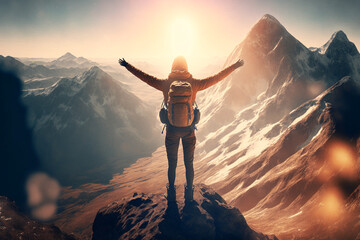 Girl traveling in mountains alone, standing with hands up achieving the top, welcomes a sun. Walking outdoors, woman hiker on mountain top. Wanderlust theme. AI generated image