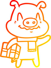 warm gradient line drawing nervous cartoon pig with present