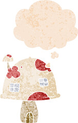 cartoon mushroom house and thought bubble in retro textured style