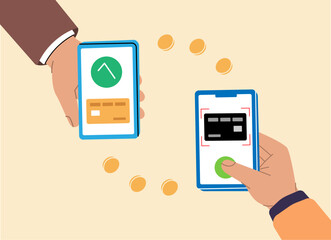 Mobile payment transfer. Mobile banking app and e-payment. Hands holding smartphones with online banking payment apps. Paying by NFC function.