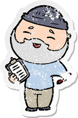 distressed sticker of a cartoon happy bearded man
