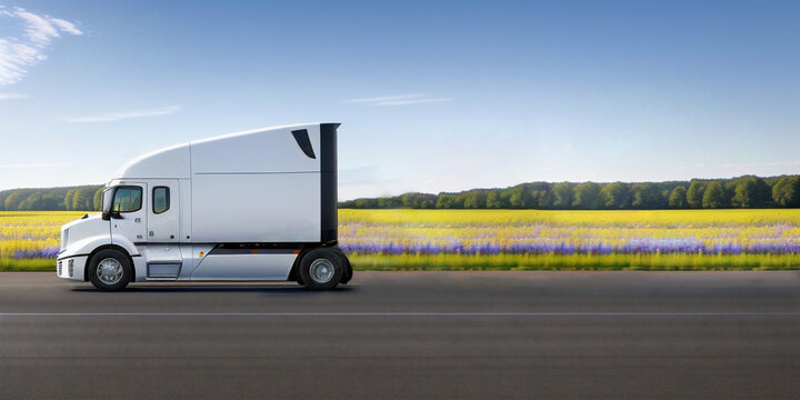 White semi-trailer for the delivery of goods rides along a high-speed highway. Futuristic design, shipping of future. Generative AI