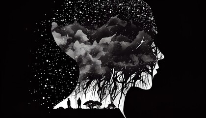 Mental health, depression, sadness, loneliness creative abstract concept. Head silhouette with depression illustration idea inside. Mental illness.