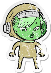 distressed sticker of a cartoon astronaut woman