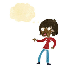 cartoon woman pointing with thought bubble